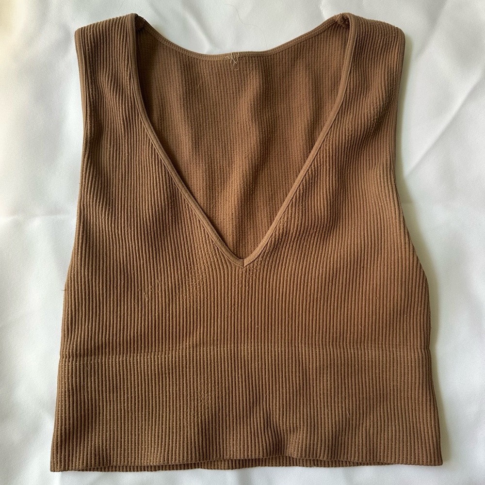 Brown Ribbed V-Neck Women's Top